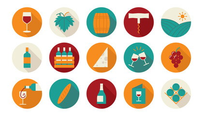 Wine theme icons set in flat style. Colorful icons collection for web and mobile design