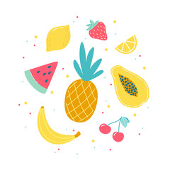 Tropical fruits mini set. Summer seasonal food. Vector isolated illustration set