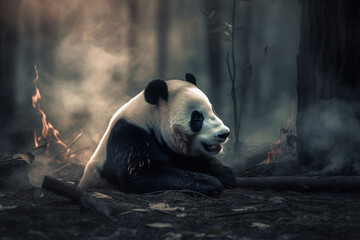 Obraz premium Image of panda exhausted in the midst of wildfires and smoke. Wildlife Animals. Illustration. Generative AI.
