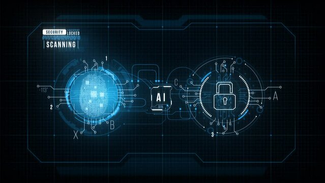 Virtual security system screen, fingerprint analisis data, AI interface, touch scan, futuristic HUD animation.