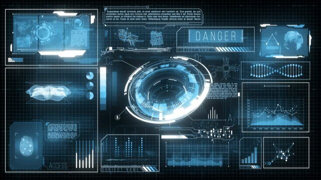 Futuristic digital HUD Interface with analyzing data, graphs, loading, abstract data, process.