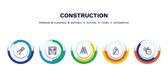 set of construction thin line icons. construction outline icons with infographic template. linear icons such as big clippers, doors open, double ladder, home key, vector.