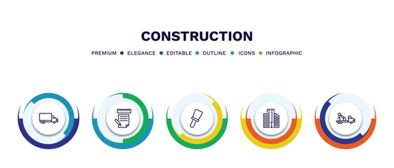 set of construction thin line icons. construction outline icons with infographic template. linear icons such as truck with freight, measures plan, construction palette, big building, crane truck