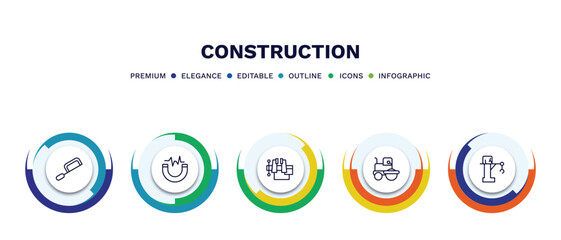 set of construction thin line icons. construction outline icons with infographic template. linear icons such as , inclined magnet, big derrick with boxes