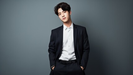 Portrait of a fictional young Korean model wearing a suit, isolated on gray background. Generative AI illustration.