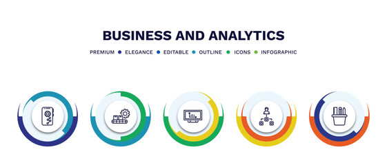 set of business and analytics thin line icons. business and analytics outline icons with infographic template. linear icons such as mobile analytics, production, bars graphic on screen, department