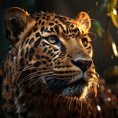 macro closeup of detailed leopard face with warm light during rain and sunset