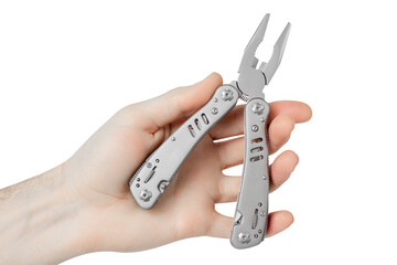 Pliers in a hand, isolated on a white background. Multitool on a white background.