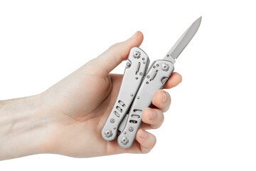 Pocket knife in hand. Isolate on a white background.