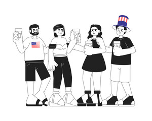 Friends celebrating, toasting glasses monochromatic flat vector characters. 4th of july independence day. Editable line full body people on white. Simple bw cartoon spot image for web graphic design