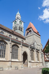 Fototapeta na wymiar View of the Gothic Münster St. Nikolaus Tower in Überlingen, Germany