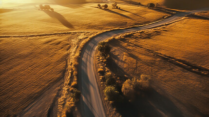 Sketch of a long dirt road in the countryside, beautiful sky and sun without cars, (Bird's Eye View) from generative AI.