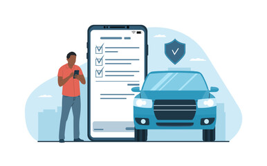 Car insurance concept. Black man draws up an insurance policy for a car online on a smartphone. Vector illustration. © lyudinka