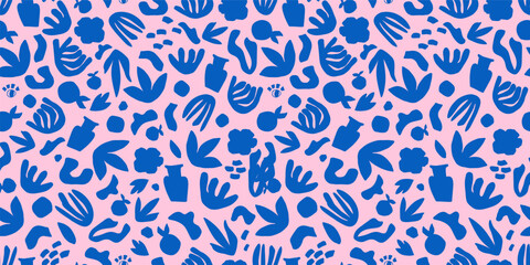 Matisse abstract modern art seamless pattern with blue geometric botanical shapes, leaves on pink background. Vector repeat print. Floral organic textile design. Hand drawn simple collage cutout decor