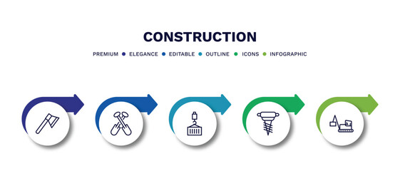 set of construction thin line icons. construction outline icons with infographic template. linear icons such as inclined ax, two shovels, derrick with load, pickaxes drilling, derrick with box