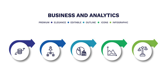 set of business and analytics thin line icons. business and analytics outline icons with infographic template. linear icons such as database analysing, department head, debt, wave chart, legal