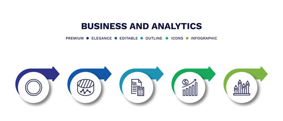 set of business and analytics thin line icons. business and analytics outline icons with infographic template. linear icons such as dot, merge charts, accounting, revenue, mortgage statistics