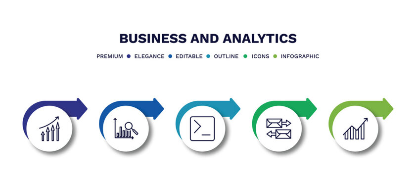 set of business and analytics thin line icons. business and analytics outline icons with infographic template. linear icons such as increasing stocks, bars chart analysis, terminal, correspondence,