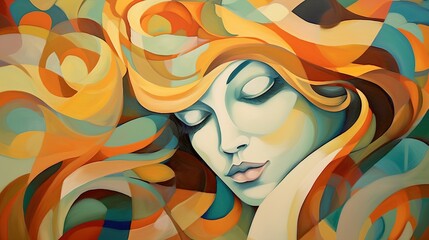 Abstract Art-inspired portrait of a vibrant woman. Surreal portrait of beautiful woman. Colorful hair. Unusual color work. digital art. Illustration of beautiful young woman. Generative Ai.