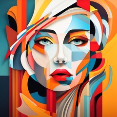 Fototapeta na wymiar Girl portrait, clear brush strokes in intricate mixed style ,cyberpunk, front view, symmetrical composition, geometric, futurism. Generative ai.