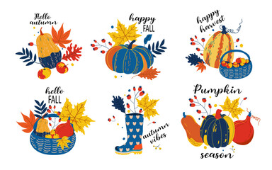 Hand drawn autumn clip art set with lettering. Orange, green pumpkins and autumn leaves, apples, boots,basket, twigs, berries.Pumpkin season.