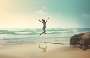 Fototapeta na wymiar happy girl jumping in the air on beach, in the style of photo-realistic landscapes, romantic scenery, turquoise and beige, oshare kei