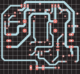 Tracing the conductors of the printed circuit board
of an electronic device. Vector engineering 
drawing of a pcb. Electric background with grid.