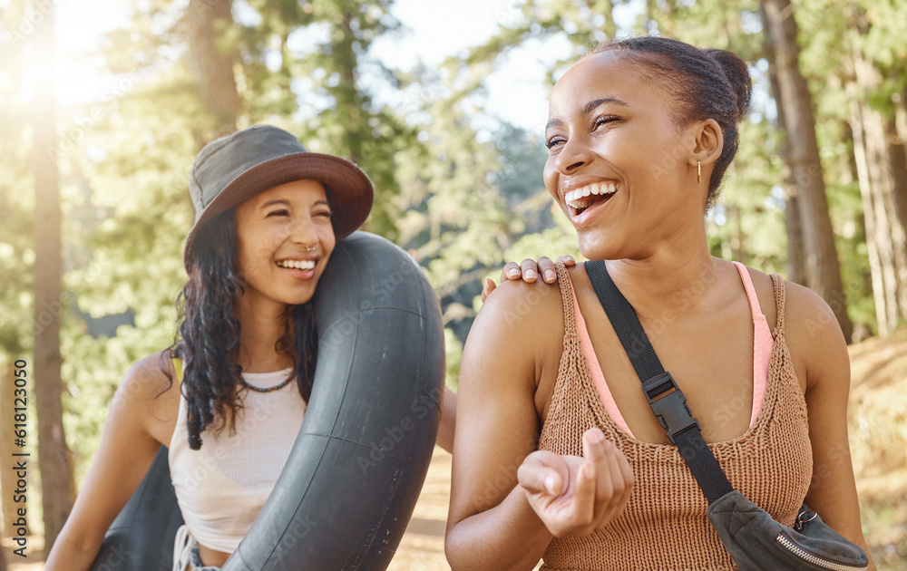 Sticker Women friends, camping and smile in woods, sunshine or funny chat on adventure, bonding and freedom on holiday. African girl, together and happy people for summer vacation, forrest and walk in nature