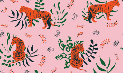 Seamless background bright pattern with red tiger and abstract leaves. Vector pink pattern