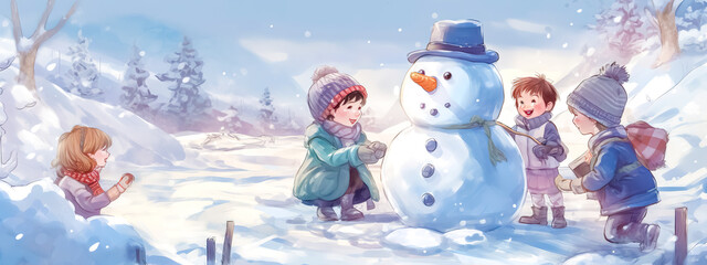 frosty snowman in winter landscape, children enjoy Christmas holidays, banner made with Generative AI