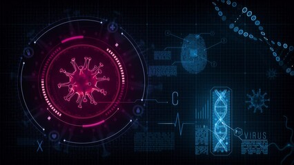 HUD interface panel with 3d Virus. Futuristic data screen with rotating virus model, DNA, animated elements. - Powered by Adobe