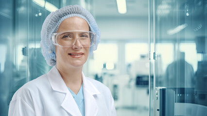 portrait of Hispanic female research scientist, standing against a blurry background of a high...