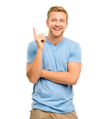 Thinking, pointing and a man laughing in studio for announcement, presentation or choice. Happy male model with hand gesture or sign for advertising, promotion or funny idea on a white background