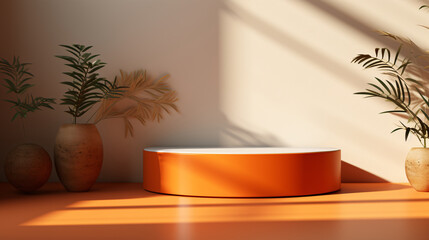 3D rendering e-commerce background booth base, 3D display stand with green plants