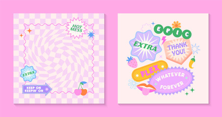 Vector templates with patches and stickers in 90s style.Modern emblems in y2k aesthetic with chess background.Trendy funky designs for banners,social media marketing,branding,packaging,covers