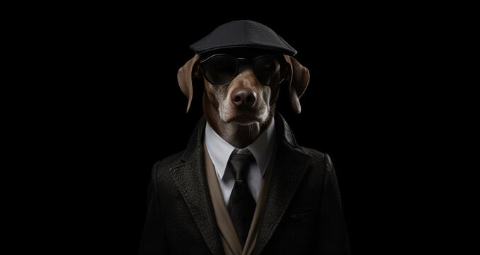Elegant bodyguard spy dress code, dog portrait fashion style