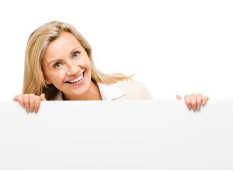 Portrait, banner and mature woman with in studio to mockup, timeline or news on white background. Face, smile and lady show steps, menu or promo, announcement or coming soon, deal or presentation