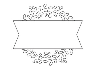 シンプルな植物の線画とリボンのフレーム   白フチあり