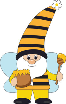 Cute bee gnome with honey and wings. A gnome with a honey spoon. Garden gnomes.