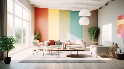 Modern Interior Design Bright Colors Creative Imagination at Home, Contemporary Living Room Decoration Minimalist Design with a Pop of Color Stylish Furniture Interior Concept Chic and Stylish Living.