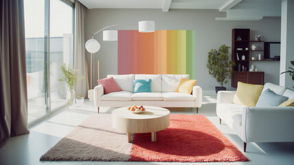 Modern Interior Design Bright Colors Creative Imagination at Home, Contemporary Living Room Decoration Minimalist Design with a Pop of Color Stylish Furniture Interior Concept Chic and Stylish Living.