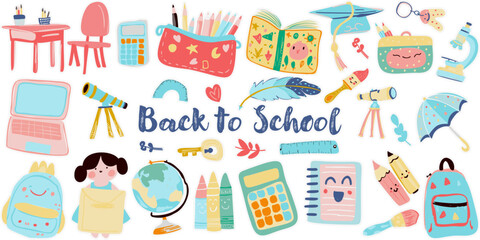 Back to school supplies collection, clipart, vector illustrations, stickers, and cute designs students. Notebook ,pen, backpack and stationery.