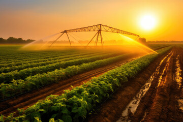 Irrigation system on agricultural soybean field in vibrant colors, rain gun sprinkler on helps to grow plants in the dry season. Generative AI