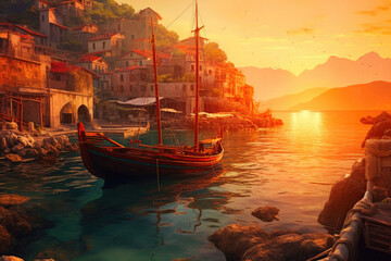 Sleepy and dreamy fishing village by the sea and setting sun on the background. Generative AI