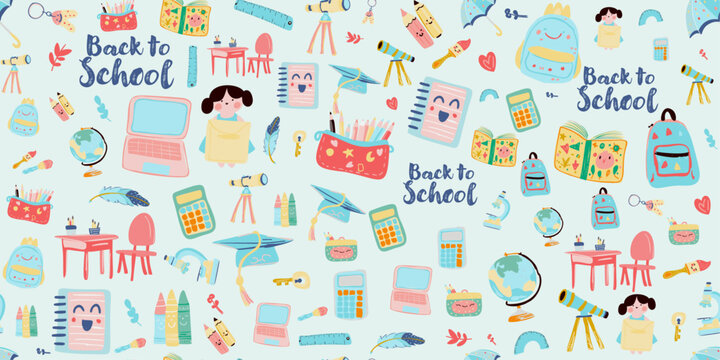 Seamless Pattern Back to school supplies collection, clipart, vector illustrations, stickers, and cute designs students. Notebook ,pen, backpack and stationery.