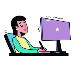 Happy smiling female freelance artist drawing on a graphic tablet in front of a computer. Vector illustration in cartoon style