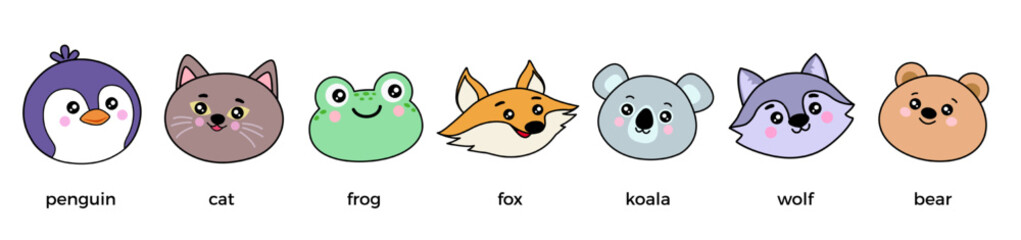 Cute zoo collection of funny kawaii animal faces. Stickers isolated on white background. Flat cartoon style. Penguin, cat, frog, fox, koala, wolf, bear, toad