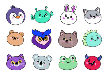 Zoo collection of cute and funny kawaii animal faces. Stickers isolated on white background. Flat cartoon style. Penguin, alien, rabbit, cat, bear, owl, dinosaur, koala, frog, monster, toad 