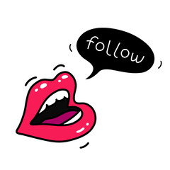 Female open mouth with red makeup and a speech bubble cartoon art style. Vector illustration isolated on white background. Sticker design of a mouth with glossy lipstick. Fashion patch, badge, emblem