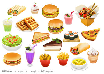 Fastfood Illustration Icons set, Fast food icon collection, Hand drawn digital graphics oil paint style icon pack